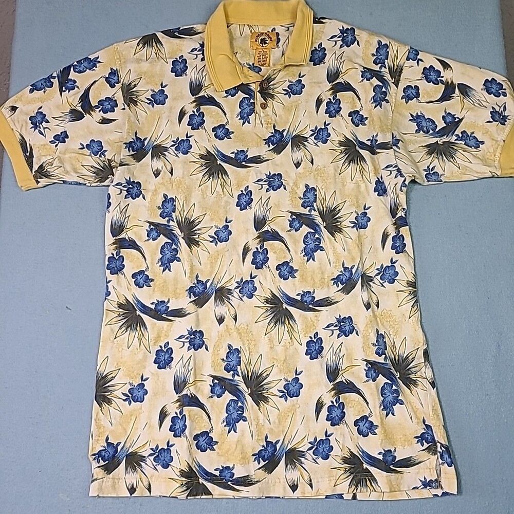 Ringo Sport Button Up Polo Tropical Hawaiian Pattern Short Sleeve Yellow Large